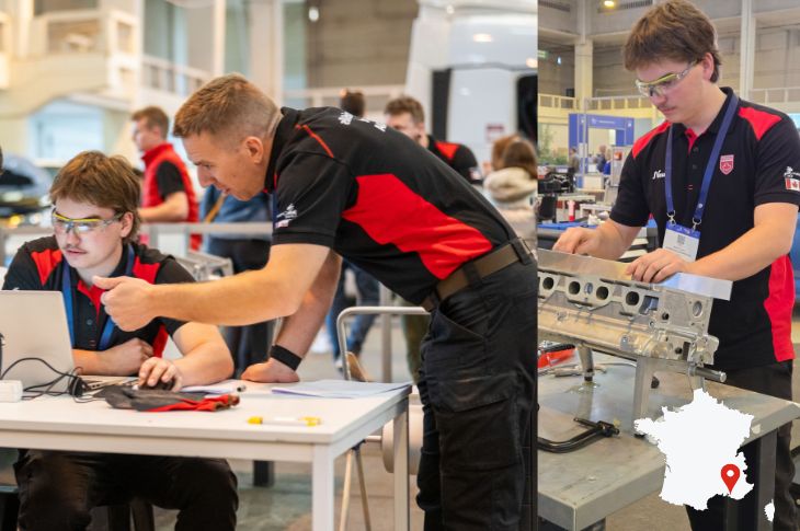 Carter is seen at the France Skills competition in Marseille, and a little white map shows France and where the city would be