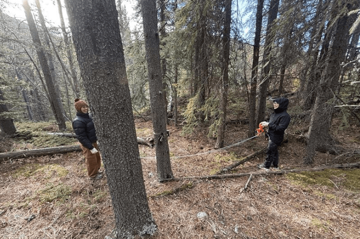 Two SAIT students stand in a wooded area, both wearing black puffer jackets. One is wearing a toque and the other has their hood up. They have a measuring tape stretched between them.