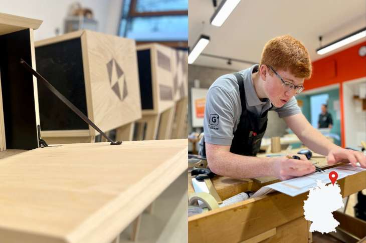 Visuals of Tate working on a slanted cupboard in Germany