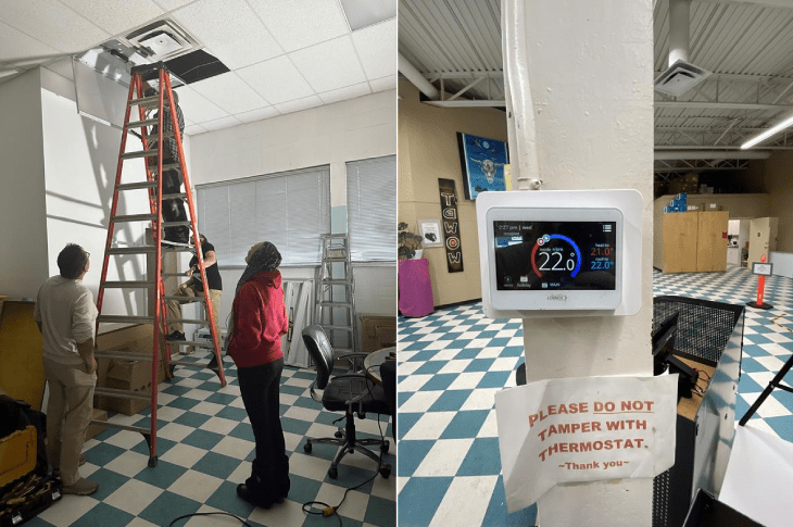 Two side by side images. Left image is of a person climbing a ladder towards a missing ceiling tile. Right picture is an electric thermostat set to 22-degrees Celcius with a sign underneath it that reads "Please do not tamper with thermostat - Thank you."