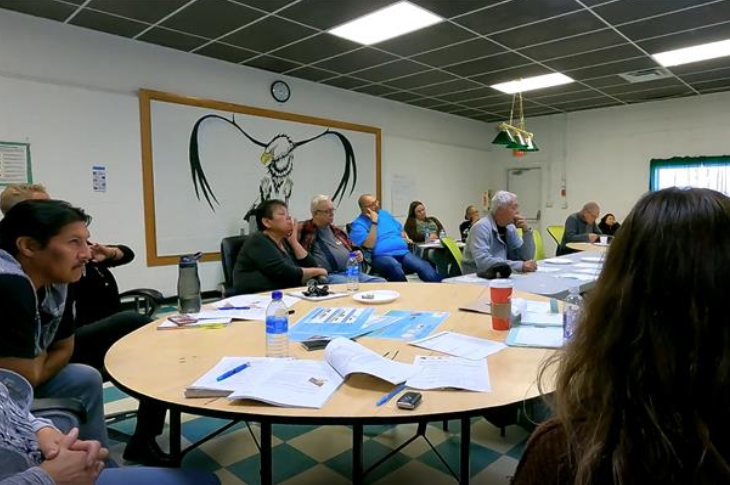 A group of people sit around a table with papers and pens on it. Behind them is a large black and white painting of an eagle spreading its wings.