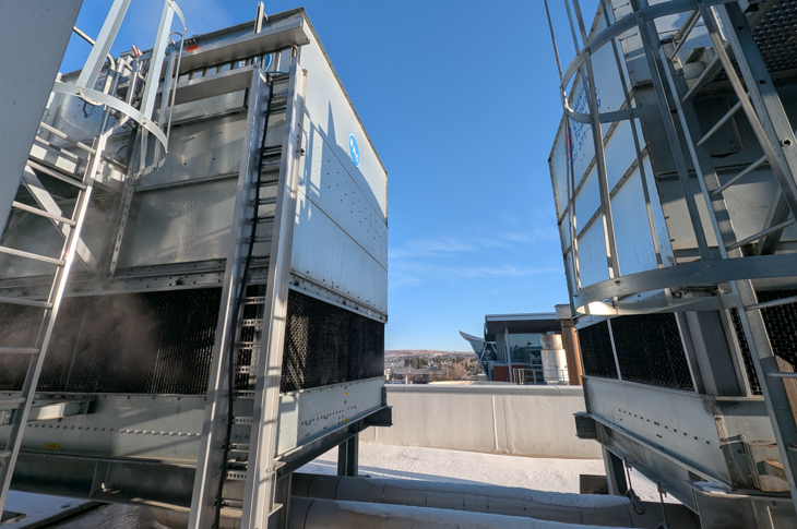The cooling towers in action on the roof of the Cenovus Energy Centre.