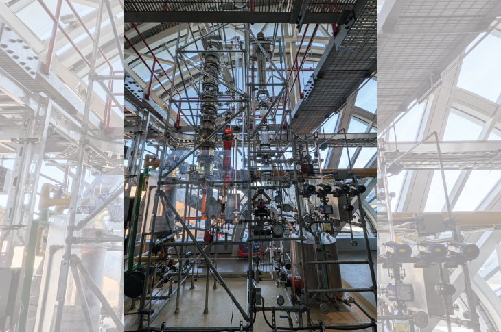 An impressive glass distillation column is a smaller working replica of a steel version you’d find at an oil refinery.