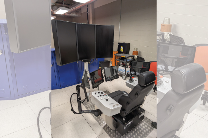 The lab’s cyber chair is used to drill virtual wells. It comes equipped with a joystick and multiple screens.