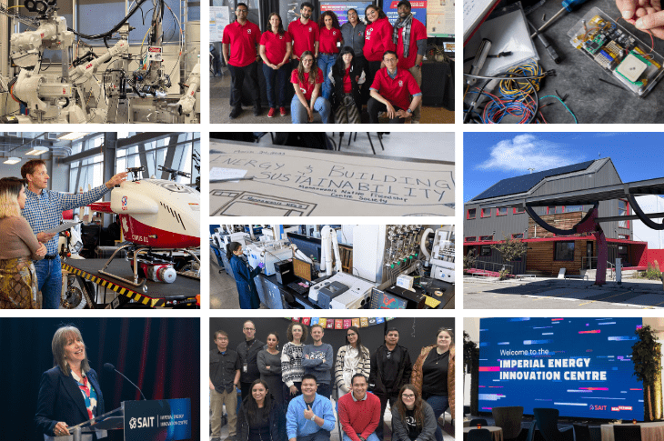 A collage of different activities completed by the ARIS Hub: two photos of laboratories with industrial machinery, two group photos of individuals smiling at the camera, a sign that reads "Energy and Building Sustainability," a grey house with red trim, a white drone with a red base being examined on a table by two people, a speaker at a podium, and a slide on a screen with blue background and white bold text that reads "Welcome to the Imperial Energy Innovation Centre."