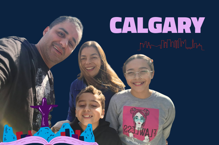 A photo of Rodrigo and his family on a blue background