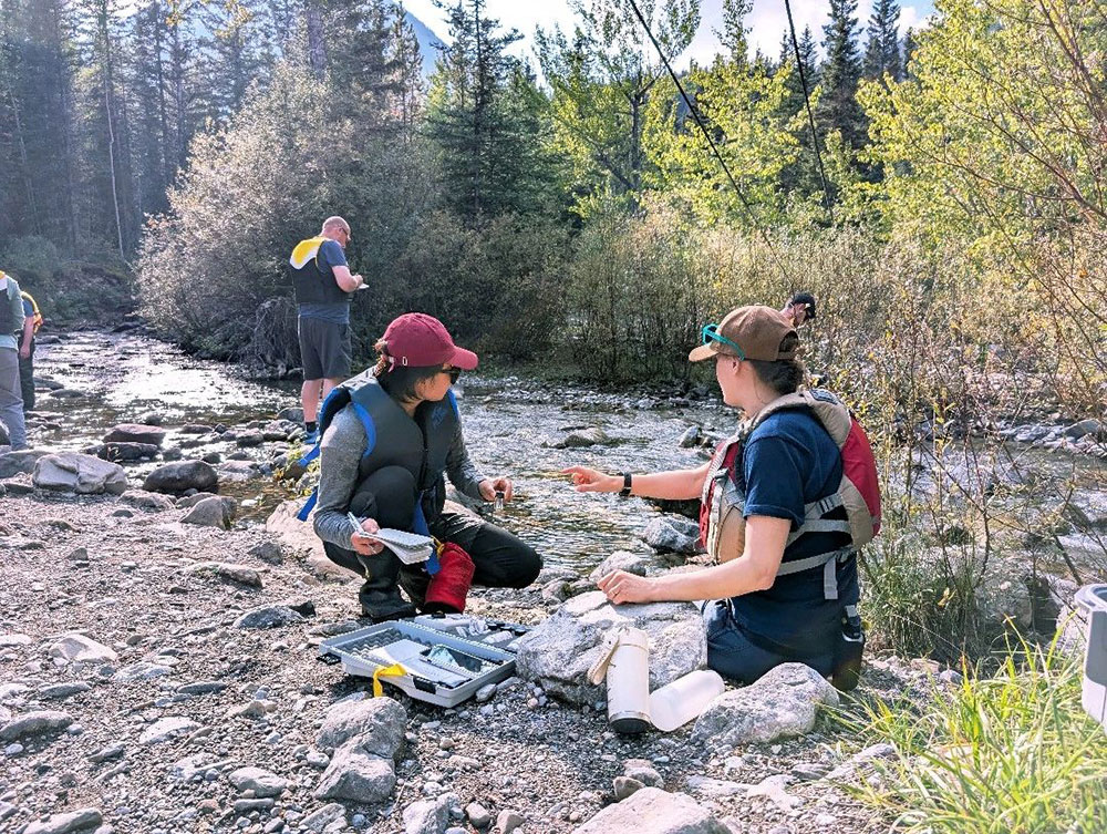 A group of people sitting on a rocky shore