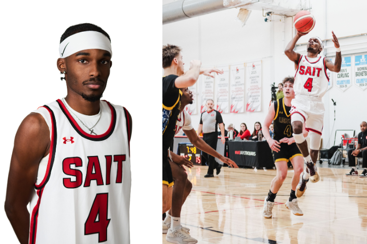 Two images of a SAIT basketball athlete wearing jersey number 4. The portrait shows the athlete in a white team jersey and headband. In the game image, the athlete leaps toward the hoop with the ball raised for a layup while defenders close in.