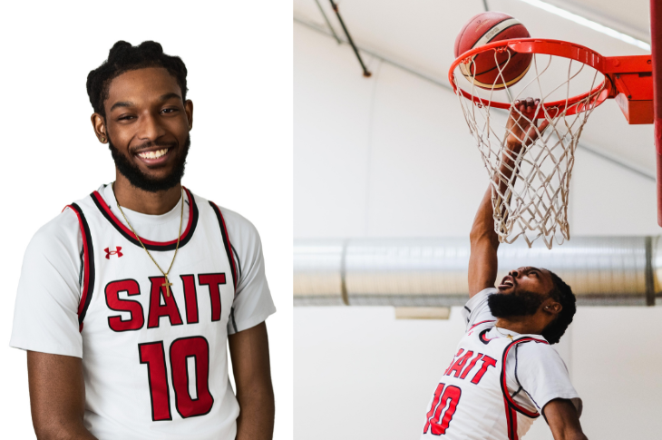 Two images of a SAIT basketball athlete wearing jersey number 10. The portrait shows the athlete standing in uniform. The action photo captures the athlete rising toward the hoop for a one‑handed dunk.