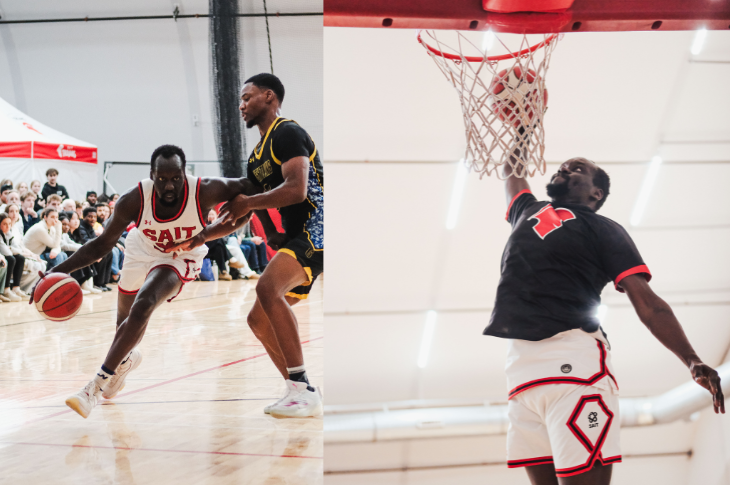 Two images of a SAIT basketball athlete. In the first, the athlete dribbles aggressively past a defender during a game. In the second, the athlete jumps high for a one‑handed dunk wearing a black team warm‑up uniform.