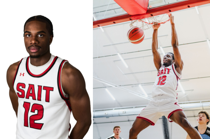 Two images of a SAIT basketball athlete wearing jersey number 12. The portrait shows the athlete standing in a white jersey. The action image captures the athlete hanging from the rim after completing an impressive two‑handed dunk.