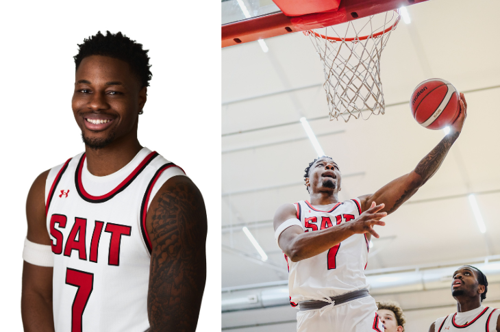 Two images of a SAIT basketball athlete wearing jersey number 7. The portrait shows the athlete standing in uniform. The game image captures the athlete leaping toward the hoop, extending one arm to finish a powerful layup.