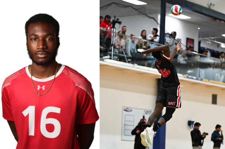 Two images of a SAIT volleyball athlete wearing jersey number 16. The portrait shows the athlete standing in a red jersey. The action photo shows the athlete jumping high to serve the volleyball during a match in front of a crowd.