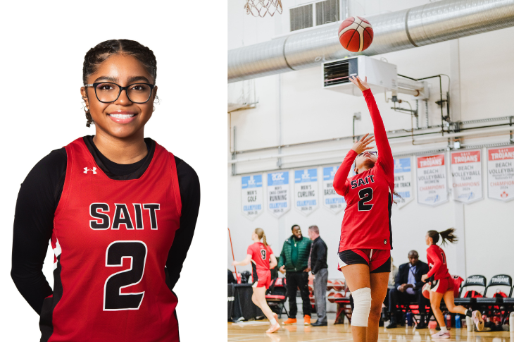 Two images of a SAIT basketball athlete wearing jersey number 2. The portrait shows the athlete standing in a red team jersey. The action photo captures the athlete jumping with one arm extended upward to release the basketball toward the net during a game.