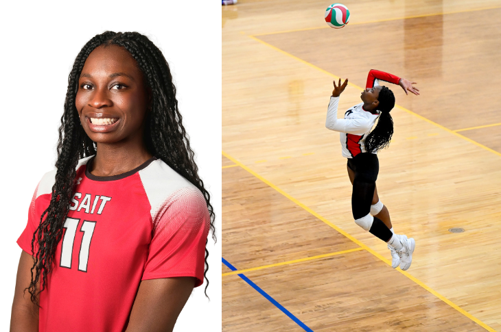 Two images of a SAIT volleyball athlete wearing jersey number 11. In the portrait, the athlete stands facing slightly to the side in a red and white team jersey with long braided hair. In the action photo, the athlete jumps high in the air to serve a volleyball on an indoor court.