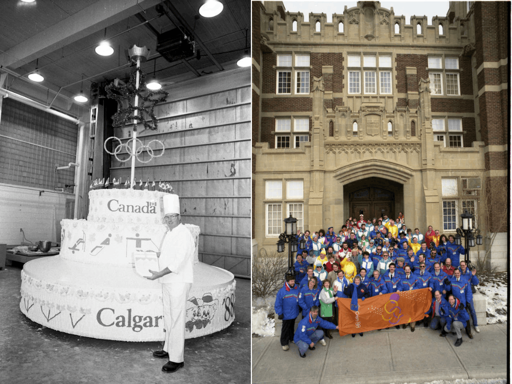 Two side-by-side images. Left: SAIT baking staff stand beside the completed decorative cake to be used in helping to celebrate the 1988 Winter Olympics. Right: A group photograph of SAIT volunteers from the 1988 Olympic Winter Games.