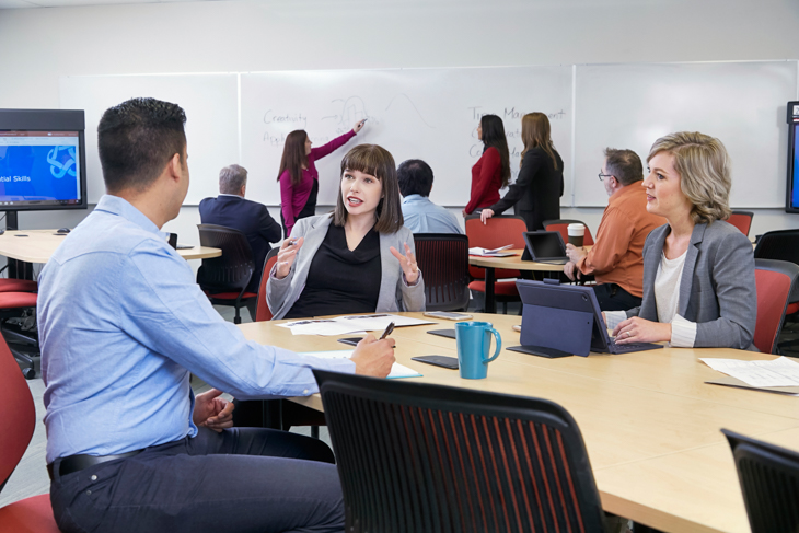 Three people sitting at a table talking to each other while people write on whiteboards in the background