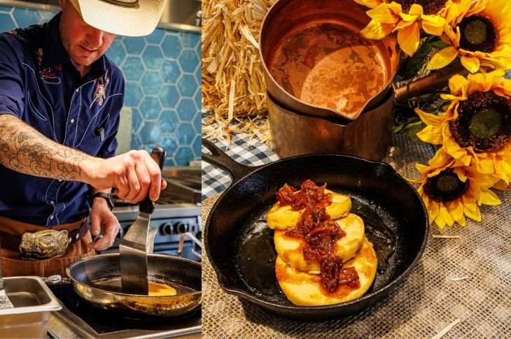A visual of cornbread pancakes and Chef McGreevy wearing a cowboy hat