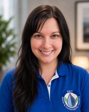 A headshot of Lyndsay Greenwood wearing a blue shirt with the SAIT Integrated Water Management logo.