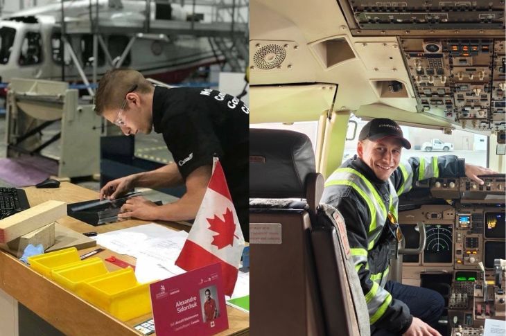    Alexandre Sidorchuk competing at WorldSkills in 2017 (left) and working in the world of aviation, present day.  