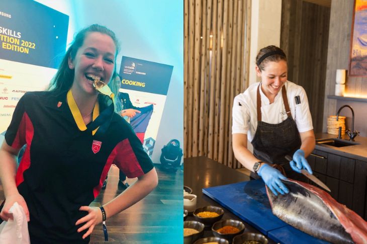     Culinary Arts grad Korae Nottveit after her gold medal win at WorldSkills 2022 (left) and a current photo of Nottveit in Kona, Hawaii, where she leads culinary operations at a luxury resort.  