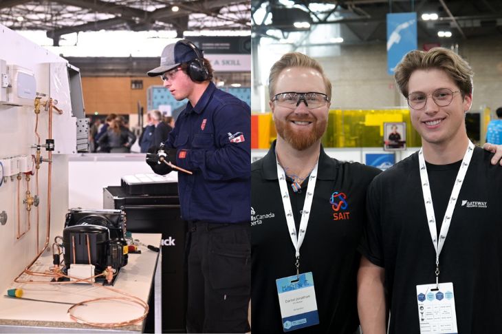 Tyler Cherkowski in France during WorldSkills 2024 (left) and seen volunteering with Provincials Skills in Edmonton on May 6, 2026.   