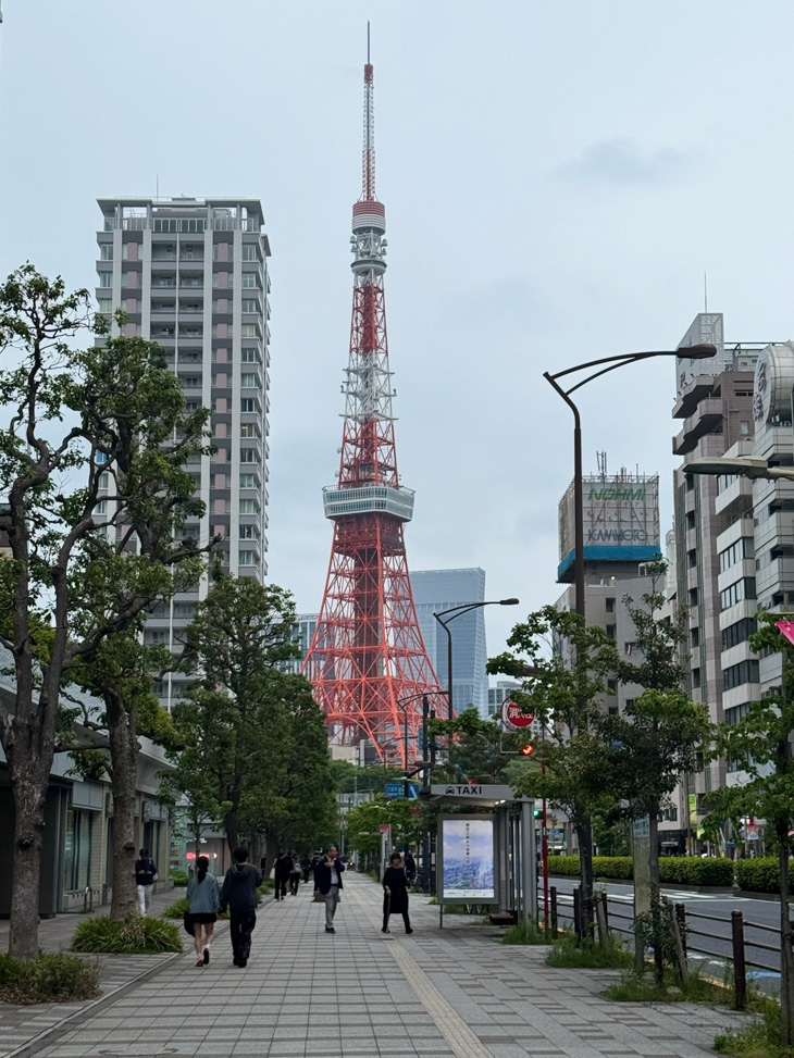 Japanese buildings in the city on a road lined with trees.