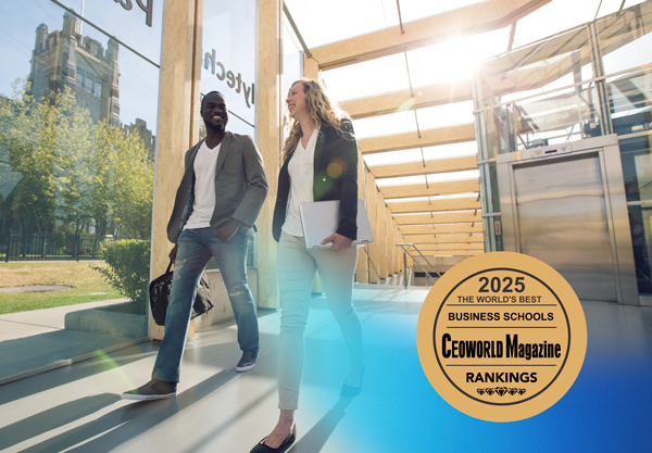 A professional couple walking outside a modern building, accompanied by the 2025 CEOWORLD Magazine Rankings logo for the world's best business schools.