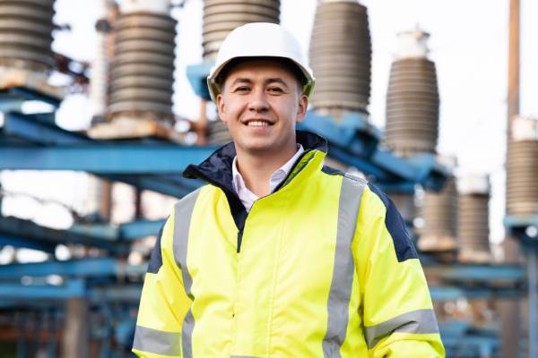 a smiling man wearing a hard hat and high-visibility jacket, standing in a construction site.