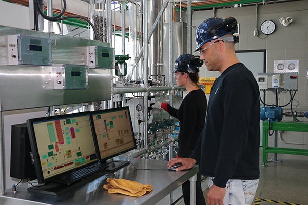 Two people wearing a hard hat and looking at a computer.