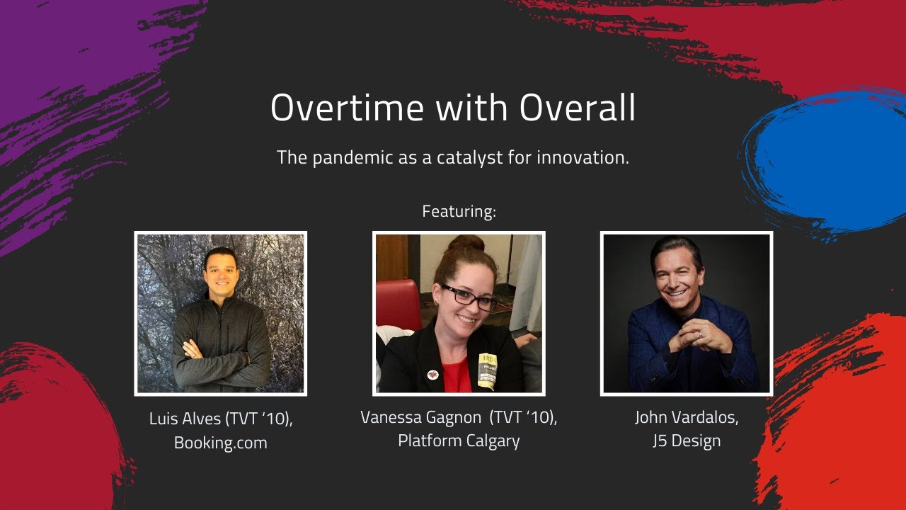 A digital event poster titled “Overtime with Overall: The pandemic as a catalyst for innovation.” The background is dark gray with colorful paintbrush-style accents in purple, red, and blue corners. The poster features three speakers with photos and captions: Luis Alves (TVT ’10) from Booking.com, Vanessa Gagnon (TVT ’10) from Platform Calgary, and John Vardalos from J5 Design.