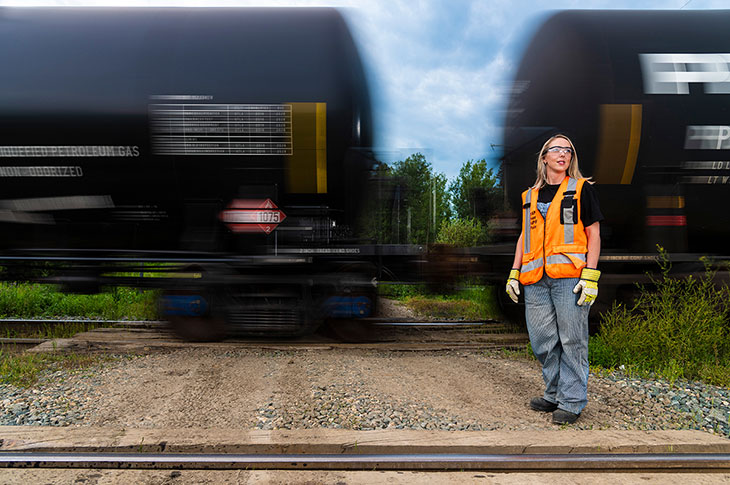 Locomotive engineer Leslie Lukan drives 60 miles an hour with 14,000 tonnes and more than two miles of train behind her. Her work assembling and driving freight trains is vital to Canada's economy, moving goods 365 days a year, 24/7.