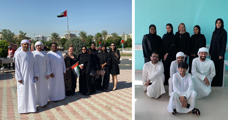 Retail Management Instructor Leanne Walper (L) and Logistics Management Instructor Monica Rovers (R) pose with students in Dubai before the outbreak of COVID-19.