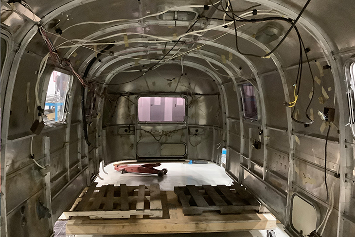 interior of a stripped vintage 1973 Airstream trailer