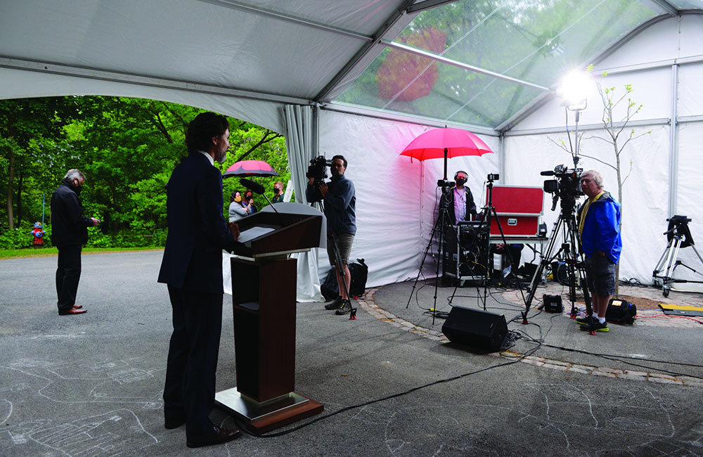 Prime Minister Justin Trudeau holds a press conference at Rideau Cottage during the COVID-19 pandemic in Ottawa on Monday, June 1, 2020.