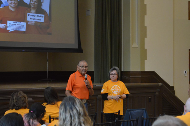 2017 Distinguished Alumnus Victor Buffalo and Phyllis Webstad in attendance at Orange Shirt Day at SAIT in 2019