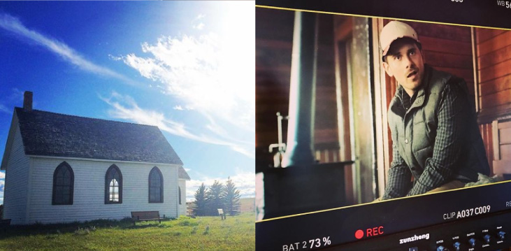 Behind-the-scenes of In Plainview — Alberta location scouting (left) and actor Brady Roberts in action (right). (Courtesy @mattwatterworth.)