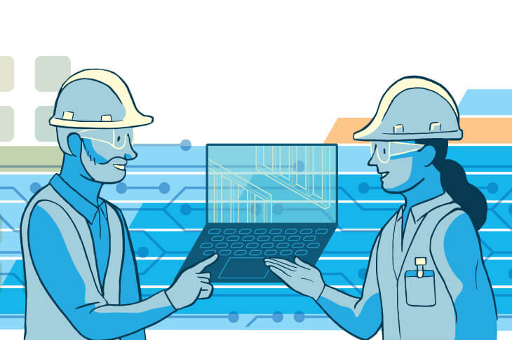 Sketch of a man and women wearing hard hats looking at a computer