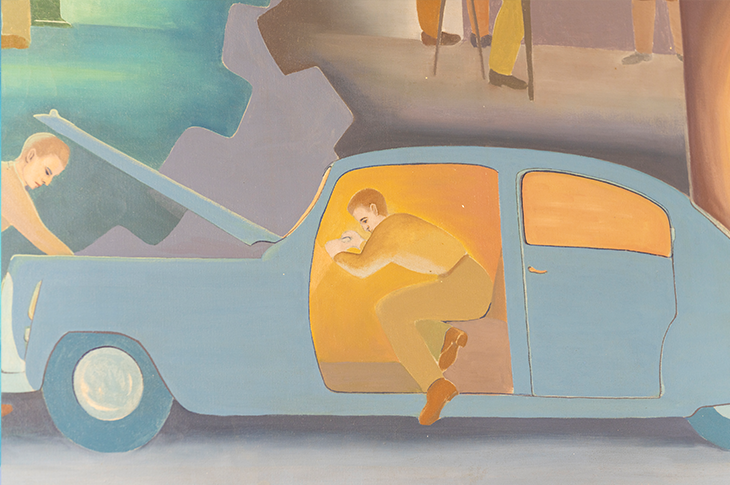 close up of two students working on a car on mural by Ted Browning