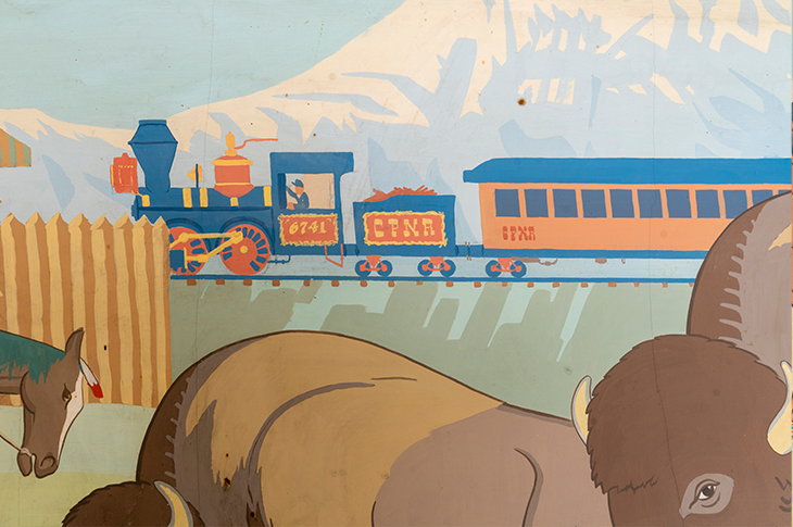 close up of train on mural