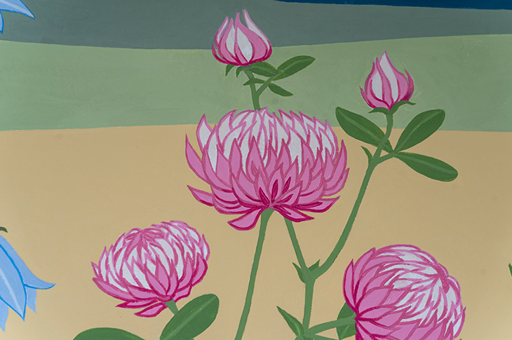 close up of pink puffy flowers on mural