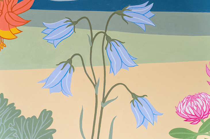 close up of blue bell flowers on mural