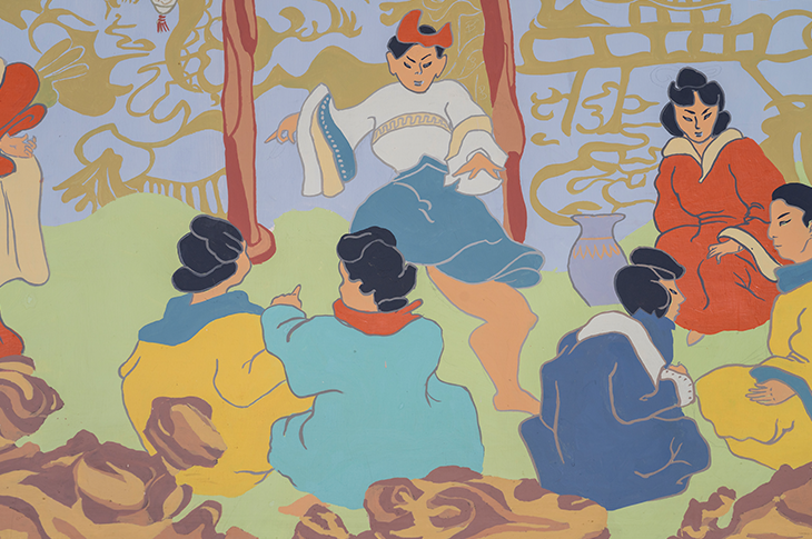 close up of a group of people on a mural 