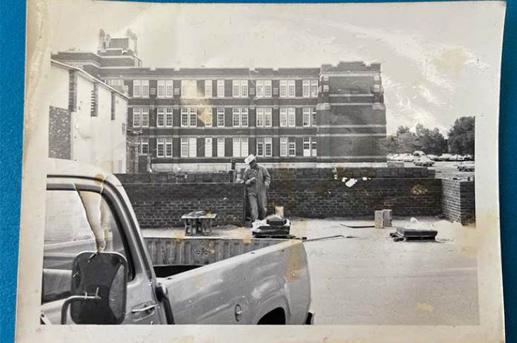 Photo taken by Donald Kitiuk. On the reverse he wrote, "SAIT. I built brickwall just south of Govt. offices. About 1980".