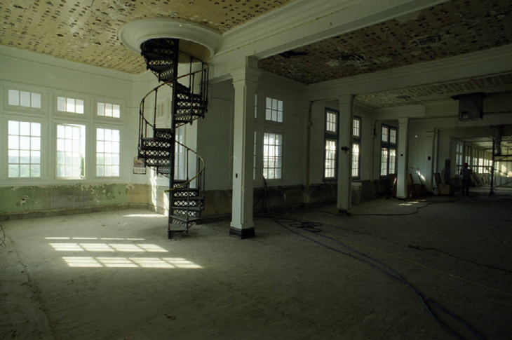 Spiral staircase during restoration.