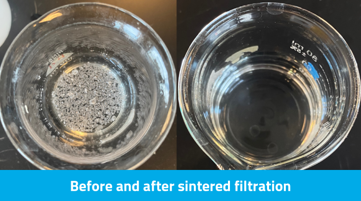 Birds eye view of a beaker with liquid in it showing the before and after state of sintered filtration.