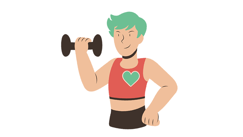 Graphic showing a person lifting a dumbbell above their shoulders and smiling confidently