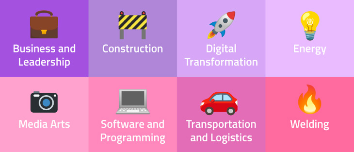 Eight purple and pink blocks with the names of eight areas of micro-credential study in white text: Business and Leadership (with a briefcase emoji), Construction (with a construction fence emoji), Digital Transformation (with a rocket emoji), Energy (with a lightbulb emoji), Media Arts (with a camera emoji), Software and Programming (with a laptop emoji), Transportation and Logistics (with a car emoji), Welding (with a fire emoji).