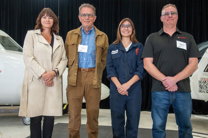 Left to right: Lynda Holden, Dean, School of Transportation, Marty Abbott, Donor and former Royal Canadian Air Force pilot, Mckynna Furgala, Aircraft Maintenance Engineering Technology student and Joshua Bonderoff, Planning Manager, Eagle Copters Ltd.
