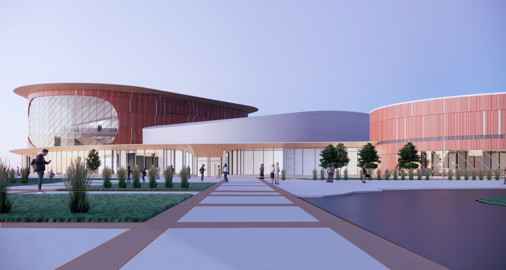 Design concept rendering, exterior view of main entry from the north.